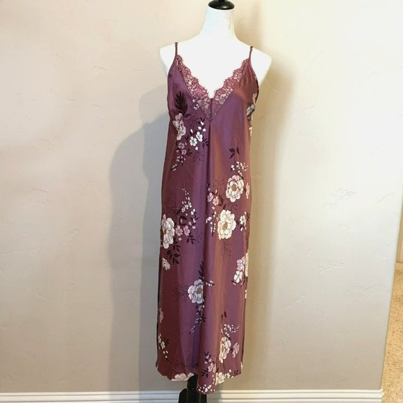 NWT INC Women's Size XS Plum Floral Night Gown Slip Dress Midi/Maxi $60 - Picture 1 of 10